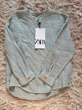 Zara Light Baby Blue Linen Shirt Size 4 5 4T 5T New NWT